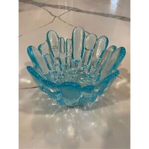 Vintage MCM Viking Glass Bowl Candy Dish Textured Stalagmite Light Blue Ice